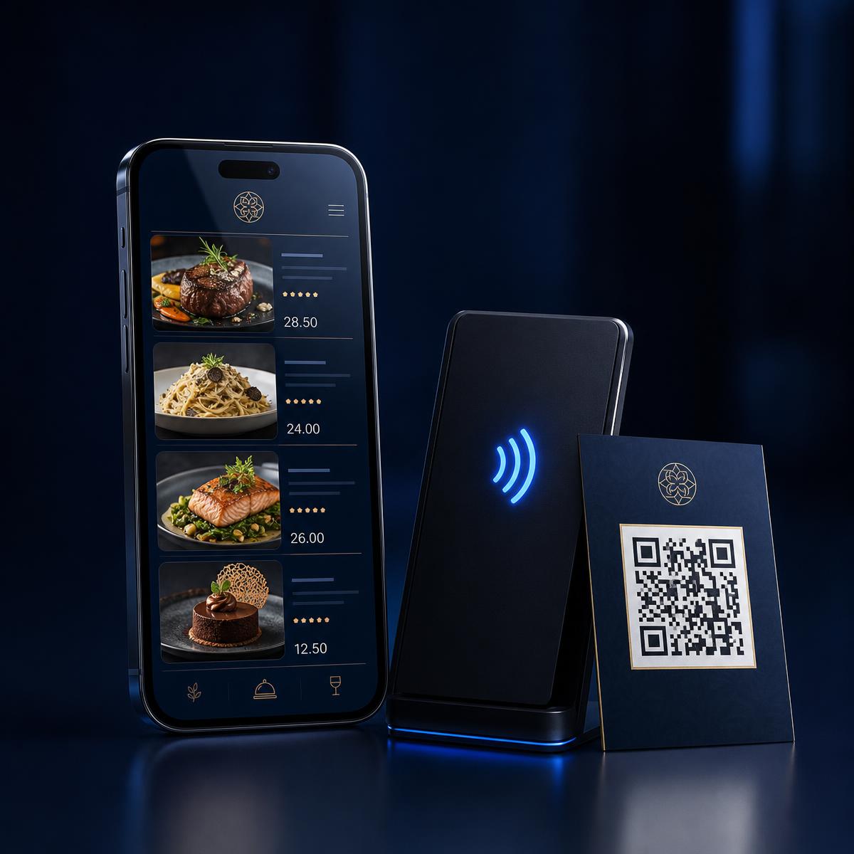 Дигитално меню, отворено на телефон до QR код на масата в ресторант
